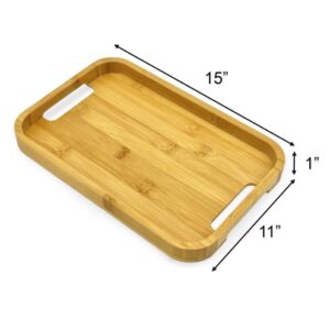 Bam&Boo Natural Bamboo Serving Tray Modern with Handles Rectangular — Food, Storage, Decor for Breakfast, Parties, Weddings, Picnics — (15" x 11" x 1")