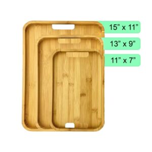 Bam&Boo Natural Bamboo Serving Tray Modern with Handles Rectangular — Food, Storage, Decor for Breakfast, Parties, Weddings, Picnics — (15" x 11" x 1")