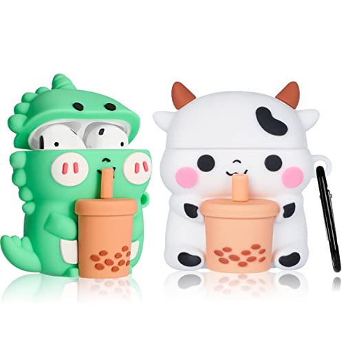 2 Pack Mulafnxal for Airpod 1/2 Case Cute Cartoon 3D Unique Soft Silicone Cover Funny Fashion Fun Cool Character Stylish Design Air Pods Cases Women Girls Boys Teen for Airpods 1/2 Boba Cow