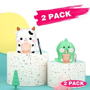 2 Pack Mulafnxal for Airpod 1/2 Case Cute Cartoon 3D Unique Soft Silicone Cover Funny Fashion Fun Cool Character Stylish Design Air Pods Cases Women Girls Boys Teen for Airpods 1/2 Boba Cow