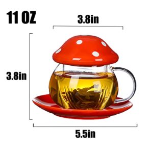 Aboyer Mushroom Cup Cute Glass Tea Cup with Infuser and Lid Kawaii Mushroom Mug Set Coffee Teapot with Ceramic Coasters 11oz (Orange)