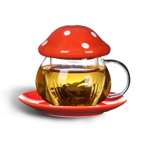 aboyer mushroom cup cute glass tea cup with infuser and lid kawaii mushroom mug set coffee teapot with ceramic coasters 11oz (orange)
