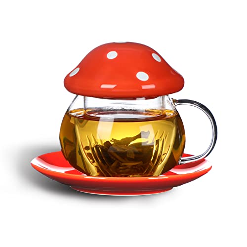 Aboyer Mushroom Cup Cute Glass Tea Cup with Infuser and Lid Kawaii Mushroom Mug Set Coffee Teapot with Ceramic Coasters 11oz (Orange)