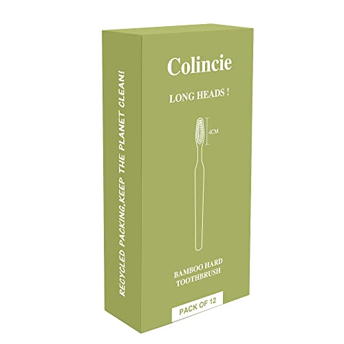 Colincie Extra Hard & Firm Bamboo Charcoal Toothbrush Long Head with Wide Thickened Handle Whitening Teeth Pack of 12