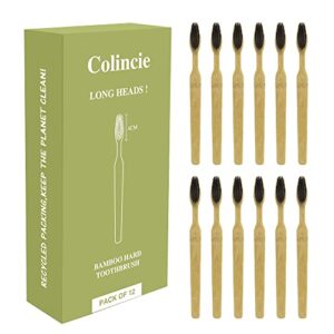 colincie extra hard & firm bamboo charcoal toothbrush long head with wide thickened handle whitening teeth pack of 12
