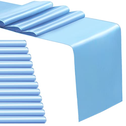 Sunfiy 12 Pack Satin Table Runner 12 x 108 Inch Baby Blue Long Table Cloth Satin Table Runners for Wedding Banquet Graduations Birthday Party Decoration