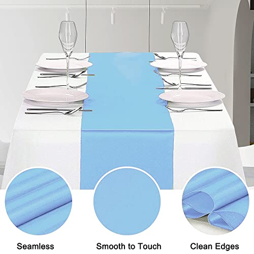 Sunfiy 12 Pack Satin Table Runner 12 x 108 Inch Baby Blue Long Table Cloth Satin Table Runners for Wedding Banquet Graduations Birthday Party Decoration