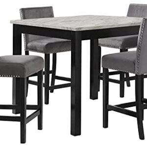 New Classic Furniture Celeste Faux Marble Counter Dining Table with Four Chairs, 5-Piece, Gray