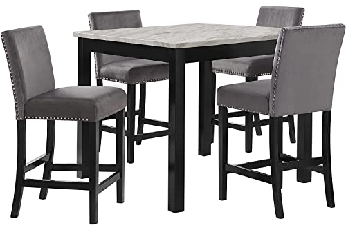 New Classic Furniture Celeste Faux Marble Counter Dining Table with Four Chairs, 5-Piece, Gray