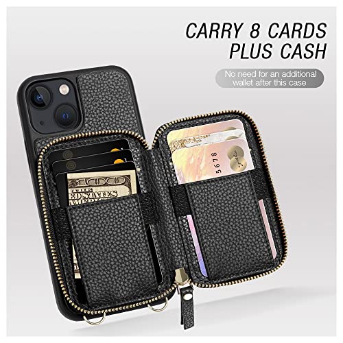 ZVE iPhone 13 Wallet Case, iPhone 13 Zipper Wallet Case with Leather RFID Blocking Card Holder Crossbody Strap Purse Protective Cover for iPhone 13 6.1 inch 2021- Black