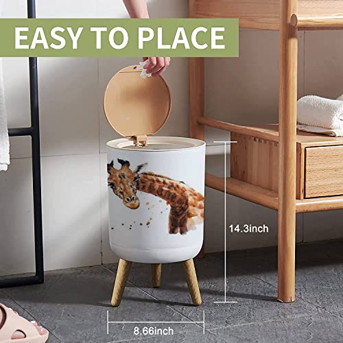 IBPNKFAZ89 Small Trash Can with Lid Watercolor About Giraffe Garbage Bin Wood Waste Bin Press Cover Round Wastebasket for Bathroom Bedroom Kitchen 7L/1.8 Gallon