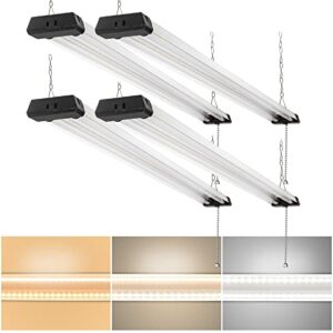 linkable led shop light for workshop garage, 42w 4800lm 3cct 3000k/4000k/5000k led shop light with pull chain(on/off), linear worklight fixtures with plug, hanging or mounted installation, 4 pack