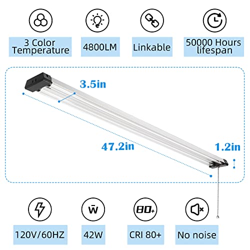 Linkable LED Shop Light for Workshop Garage, 42W 4800LM 3CCT 3000K/4000K/5000K LED Shop Light with Pull Chain(ON/Off), Linear Worklight Fixtures with Plug, Hanging or Mounted Installation, 4 Pack