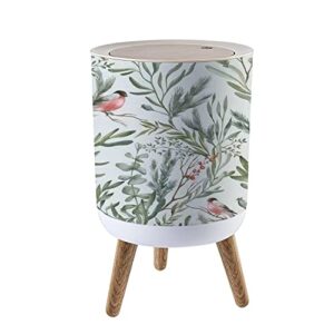 small trash can with lid watercolor seamless with winter leaves branches berries bullfinch bird 7 liter round garbage can elasticity press cover lid wastebasket for kitchen bathroom office 1.8 gallon