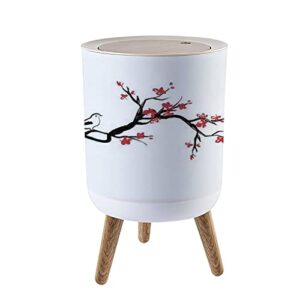 small trash can with lid bird on cherry blossoms branches ink oriental style painting 7 liter round garbage can elasticity press cover lid wastebasket for kitchen bathroom office 1.8 gallon