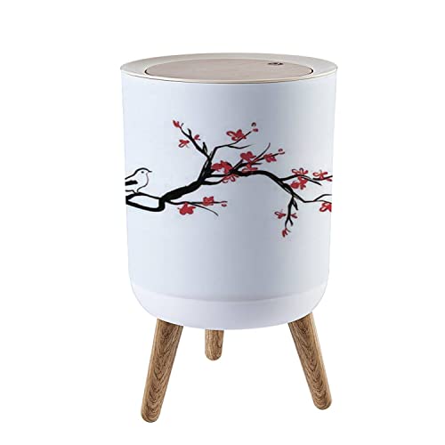 Small Trash Can with Lid Bird on Cherry Blossoms Branches Ink Oriental Style Painting 7 Liter Round Garbage Can Elasticity Press Cover Lid Wastebasket for Kitchen Bathroom Office 1.8 Gallon