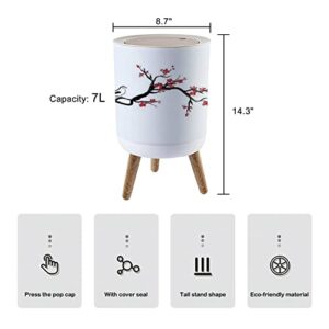 Small Trash Can with Lid Bird on Cherry Blossoms Branches Ink Oriental Style Painting 7 Liter Round Garbage Can Elasticity Press Cover Lid Wastebasket for Kitchen Bathroom Office 1.8 Gallon