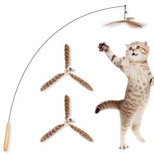jxfukal cat wand toys, interactive cat toys with 3 feather refills, 29'' flexible steel wire, sturdy wood handle & bell for kitty kitten, cat toys for indoor cats cat teaser cat string toy