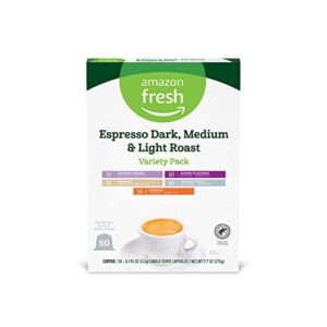 amazon fresh espresso dark, medium & light roast aluminum capsules, variety pack, compatible with nespresso original brewers, 50 count (5 packs of 10)