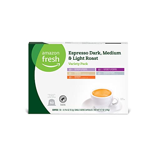 Amazon Fresh Espresso Dark, Medium & Light Roast Aluminum Capsules, Variety Pack, Compatible with Nespresso Original Brewers, 50 Count (5 Packs of 10)