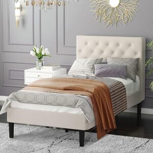 hombck twin bed frame, upholstered bed frane twin with button tufted headboard, linen fabric modern bed frame, sturdy wood slat support, no box spring needed, beige