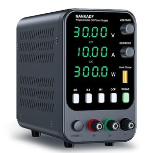 nankadf dc power supply, 30v 10a bench power supply with memory storage & recall，variable power suppy with encoder adjustment knob, 5v/3.6a usb quick-charge & ocp short circuit alarm