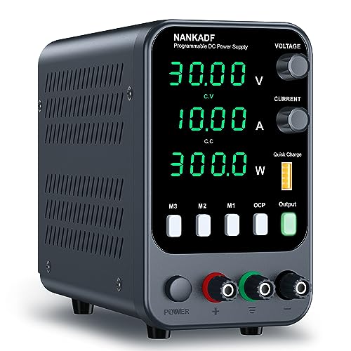 NANKADF DC Power Supply, 30V 10A Bench Power Supply with Memory Storage & Recall，Variable Power Suppy with Encoder Adjustment Knob, 5V/3.6A USB Quick-Charge & OCP Short Circuit Alarm