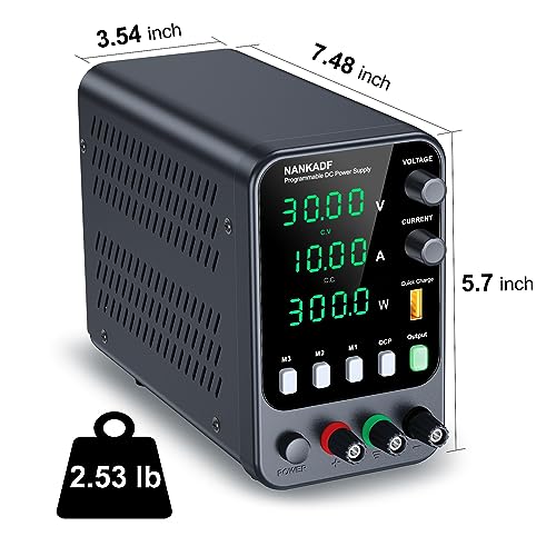 NANKADF DC Power Supply, 30V 10A Bench Power Supply with Memory Storage & Recall，Variable Power Suppy with Encoder Adjustment Knob, 5V/3.6A USB Quick-Charge & OCP Short Circuit Alarm