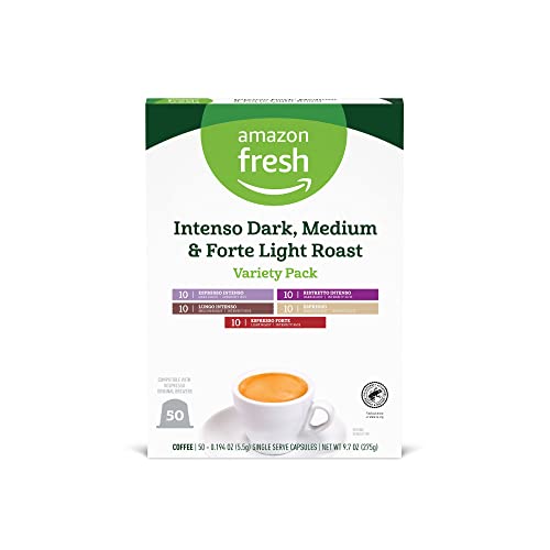 Amazon Fresh Intenso Dark, Medium & Forte Light Roast Aluminum Capsules, Variety Pack, Compatible with Nespresso Original Brewers, 50 Count (5 Packs of 10)