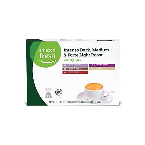 Amazon Fresh Intenso Dark, Medium & Forte Light Roast Aluminum Capsules, Variety Pack, Compatible with Nespresso Original Brewers, 50 Count (5 Packs of 10)