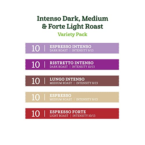 Amazon Fresh Intenso Dark, Medium & Forte Light Roast Aluminum Capsules, Variety Pack, Compatible with Nespresso Original Brewers, 50 Count (5 Packs of 10)