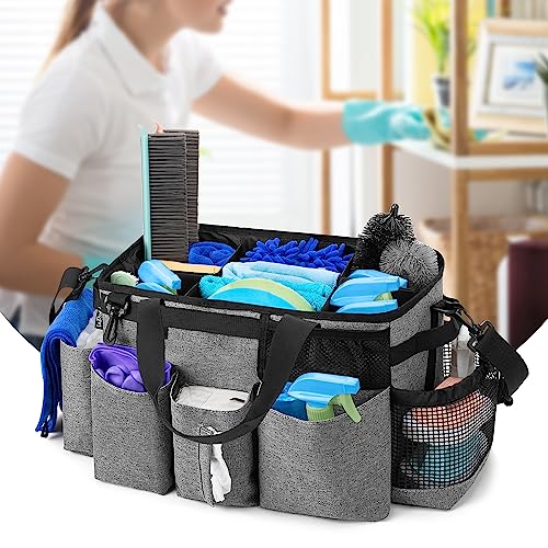 LoDrid Wearable Cleaning Caddy Bag with 4 Foldable Dividers, Cleaning Supply Tote for Cleaning Supplies, Cleaning Organizer with Shoulder Strap and Side Handles for Cleaners & Housekeepers, Grey