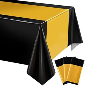 Tablecloth Black Plastic Table Cover Rectangle Disposable Tablecloth Set for Graduation Birthday Wedding Anniversary Picnic Festive Events Party Table Decoration Supplies (Black and Gold, 3)