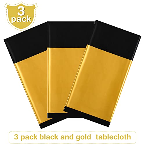 Tablecloth Black Plastic Table Cover Rectangle Disposable Tablecloth Set for Graduation Birthday Wedding Anniversary Picnic Festive Events Party Table Decoration Supplies (Black and Gold, 3)