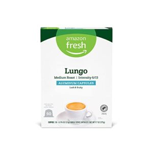 amazon fresh lungo medium roast aluminum capsules, compatible with nespresso original brewers, intensity 6/13, 50 count (5 packs of 10)