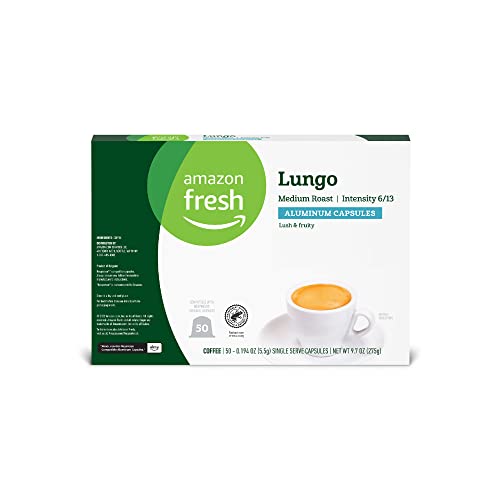 Amazon Fresh Lungo Medium Roast Aluminum Capsules, Compatible with Nespresso Original Brewers, Intensity 6/13, 50 Count (5 Packs of 10)