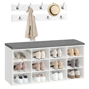 HOOBRO Shoe Storage Bench with Cushion, Entryway Bench, 39.4" Hall Tree, Coat Rack, 12 Cubbies, Holds up to 330 lb, Shoe Rack, Storage Cabinet for Bedroom, Hallway, White and Gray WT112HX01