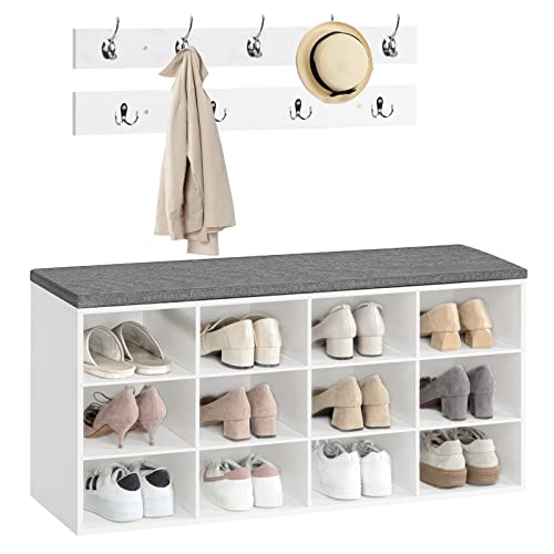 HOOBRO Shoe Storage Bench with Cushion, Entryway Bench, 39.4" Hall Tree, Coat Rack, 12 Cubbies, Holds up to 330 lb, Shoe Rack, Storage Cabinet for Bedroom, Hallway, White and Gray WT112HX01