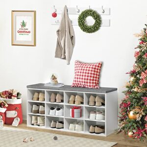 HOOBRO Shoe Storage Bench with Cushion, Entryway Bench, 39.4" Hall Tree, Coat Rack, 12 Cubbies, Holds up to 330 lb, Shoe Rack, Storage Cabinet for Bedroom, Hallway, White and Gray WT112HX01