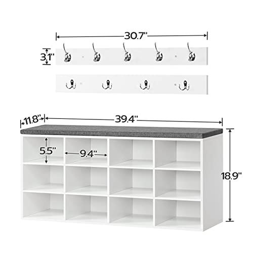 HOOBRO Shoe Storage Bench with Cushion, Entryway Bench, 39.4" Hall Tree, Coat Rack, 12 Cubbies, Holds up to 330 lb, Shoe Rack, Storage Cabinet for Bedroom, Hallway, White and Gray WT112HX01