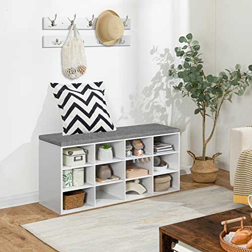 HOOBRO Shoe Storage Bench with Cushion, Entryway Bench, 39.4" Hall Tree, Coat Rack, 12 Cubbies, Holds up to 330 lb, Shoe Rack, Storage Cabinet for Bedroom, Hallway, White and Gray WT112HX01