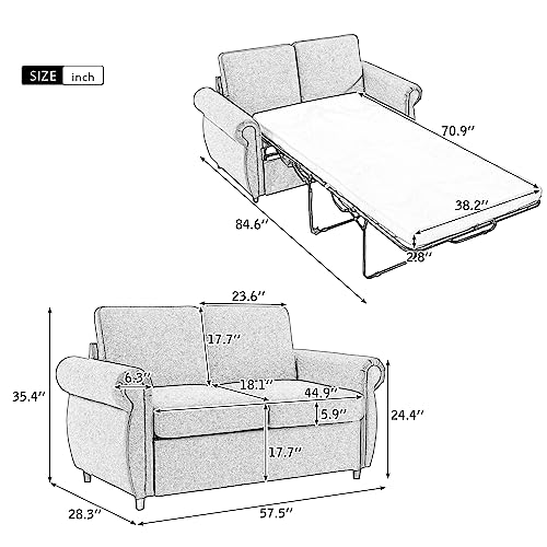 Gynsseh Loveseat Sleeper with Mattress, Breathable Linen Pull Out Couch with Memory Foam Mattress, 2-in-1 Convertible Loveseat Sleeper Pull Out Bed for Living Room Bedroom (S1-Brown)