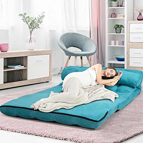 DORTALA Foldable Floor Sofa, 6-Position Adjustable Lounge Couch with 2 Pillows & Suede Cloth Cover, Modern Lounge Mattress Video Gaming Lazy Couch, Suede Floor Seating Sofa, 71" x 44.5", Blue