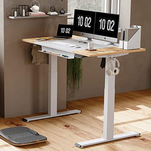 BANTI Height Adjustable Electric Standing Desk, 55 x 24 Inches Stand Up Desk with Pencil Holder, Sit Stand Desk with Light Rustic and White Top and White Frame, (B-SDE-55LW-S)