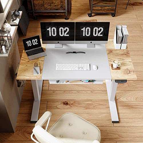 BANTI Height Adjustable Electric Standing Desk, 55 x 24 Inches Stand Up Desk with Pencil Holder, Sit Stand Desk with Light Rustic and White Top and White Frame, (B-SDE-55LW-S)