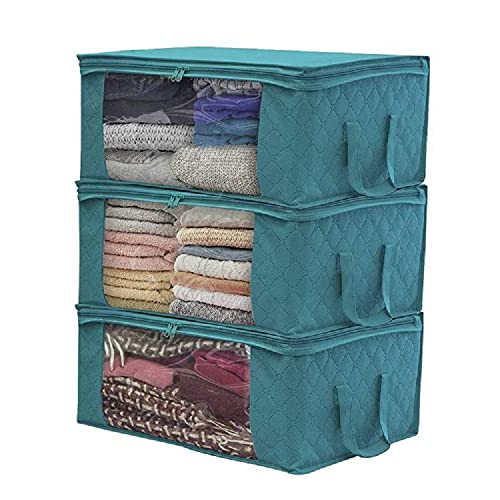 NARFIRE 3Pcs Large Storage BoxThick Oxford Large Capacity Storage Box Organizer with Window Reinforced Handle for Clothes Blanket Comforter Closet