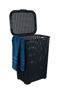 plastic laundry hamper with lid laundry hamper basket, black tall cloths hamper organizer with cut-out handles. space saving for laundry room bedroom bathroom, wicker design 60 liter