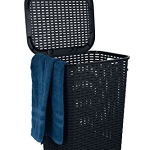 Plastic Laundry Hamper with Lid Laundry Hamper Basket, Black Tall Cloths Hamper Organizer with Cut-out Handles. Space Saving for Laundry Room Bedroom Bathroom, Wicker Design 60 Liter