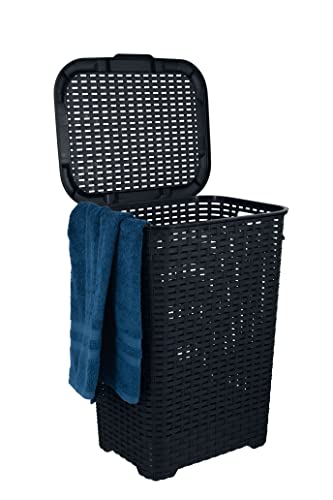 Plastic Laundry Hamper with Lid Laundry Hamper Basket, Black Tall Cloths Hamper Organizer with Cut-out Handles. Space Saving for Laundry Room Bedroom Bathroom, Wicker Design 60 Liter