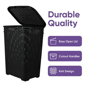 Plastic Laundry Hamper with Lid Laundry Hamper Basket, Black Tall Cloths Hamper Organizer with Cut-out Handles. Space Saving for Laundry Room Bedroom Bathroom, Wicker Design 60 Liter